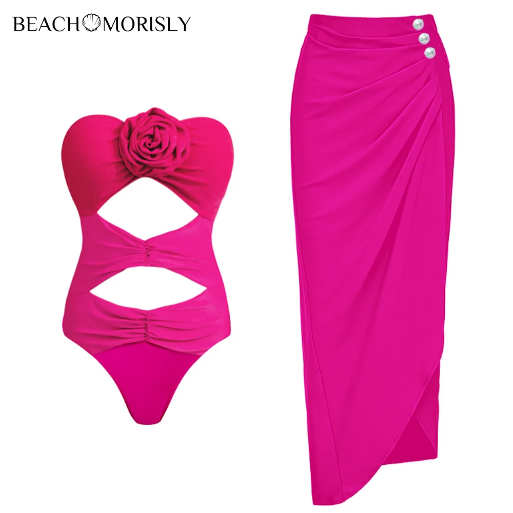 2024 neue Badeanzug 3d Blume Dekor rosa einteilige Bade bekleidung Frauen Urlaub Beach wear Luxus Badeanzug sexy Bikini zweiteilig