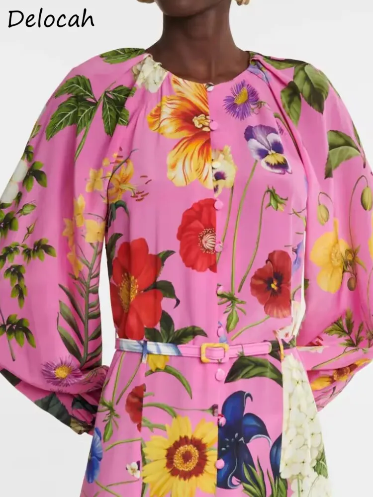 Delocah High Quality Spring Women Fashion Runway Holiday Maxi Dress With Belt Lantern Long Sleeve Flower Printed Long Dresses