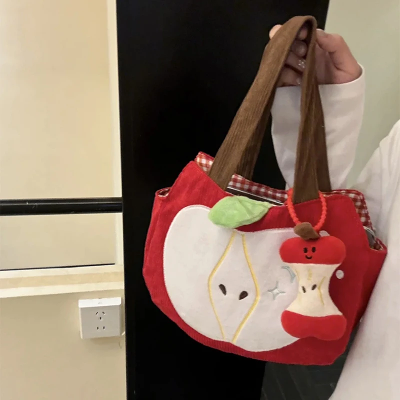 

Red Apple Handbag Creative Cute Corduroy Shoulder Bag Stylish Outing Canvas Bag With Apple Pendant Casual Versatile Shoulder Bag