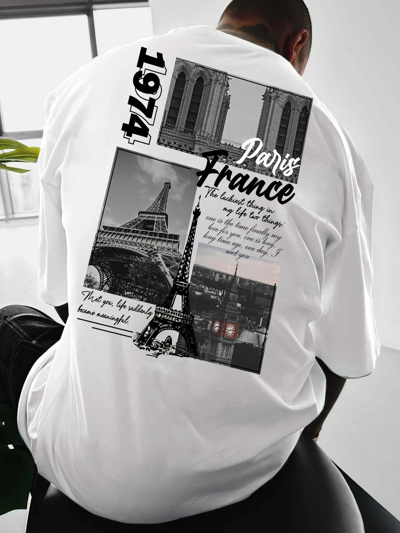 Camiseta retro con collage de fotos de París, Francia, con estampado de la Torre Eiffel y la inscripción "1974", camiseta 100% algodón para hombre, ropa de calle de verano