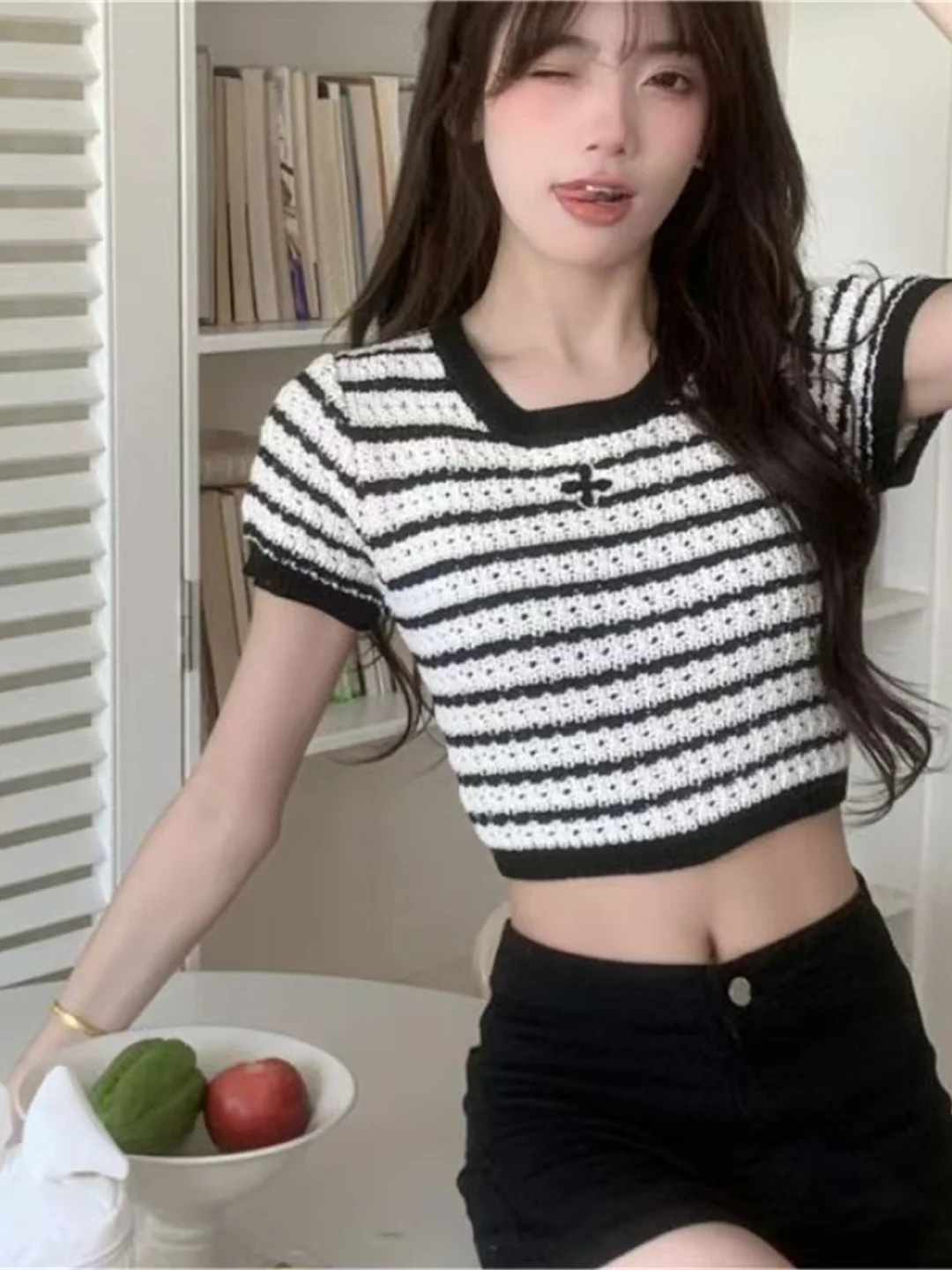 

Slim Fit Striped Knitted Short Sleeve round Neck Hollow out Casual Style Women's Top Spring Summer Fashion plus Size Inner Wear