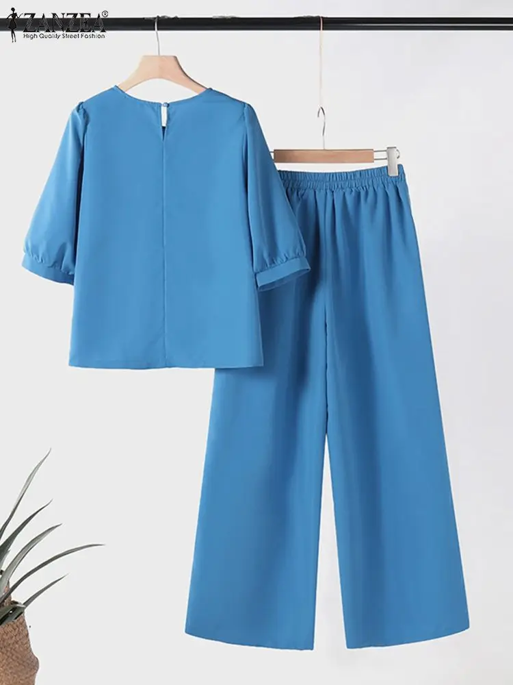 ZANZEA Summer 2024 Solid 2pcs Outfits Wide Leg Trousers Elegant 3/4 Sleeve Blouses Women 2-Piece Suits Casual Loose Pant Sets