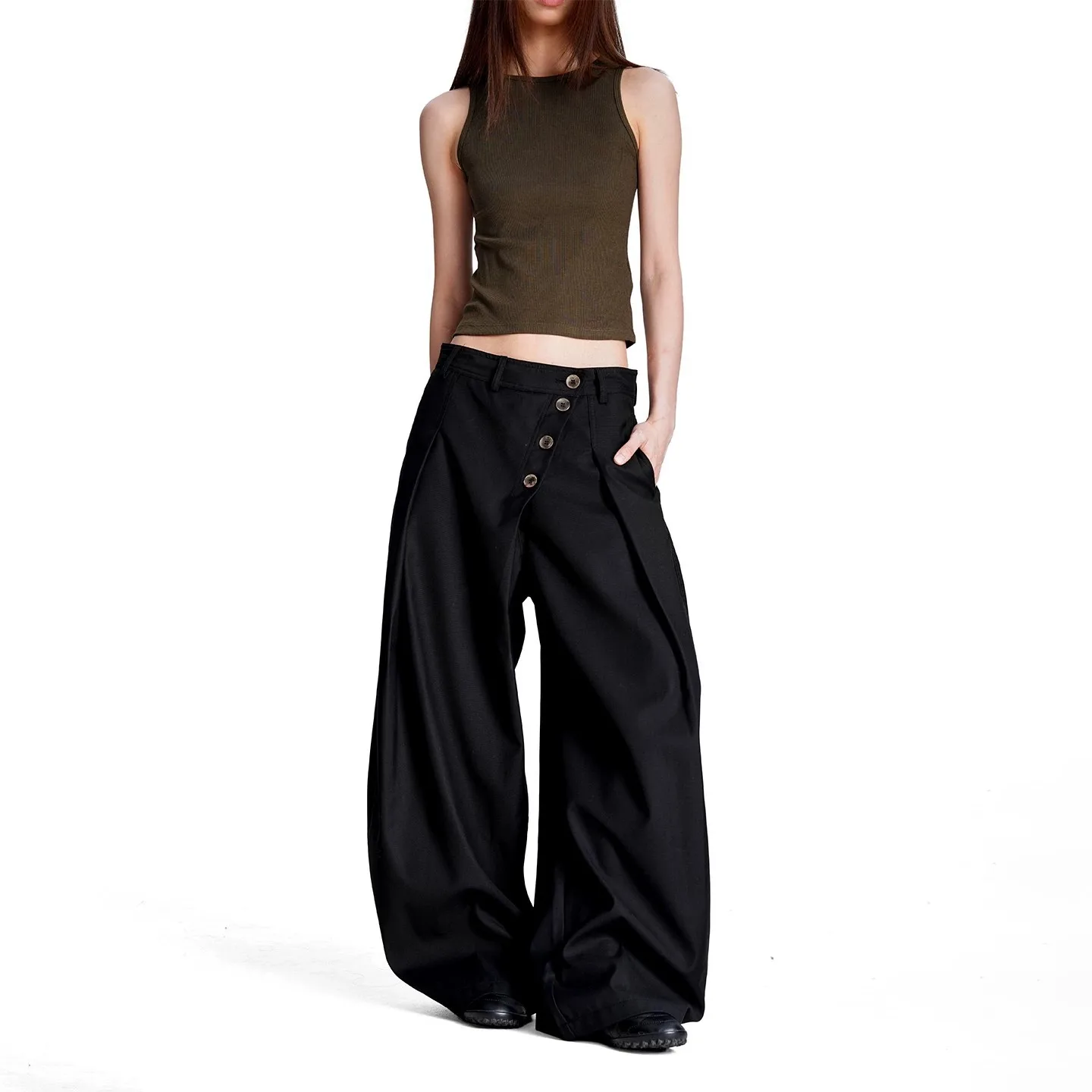 Women's Casual Wide Leg Pants Button Decor High Waist Loose Fit Trendy Elegant Versatile Commute Casual Daily Wear Long Trousers