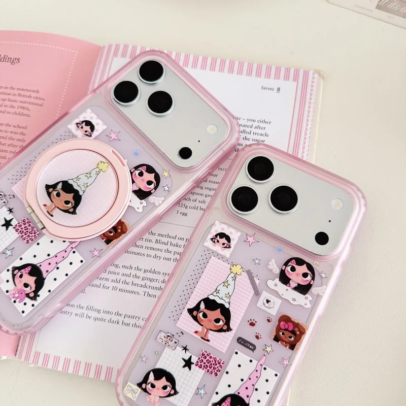 Funny Cute Wing Girl Illustration Phone Case For iPhone 17 Pro 16 15 Pro Max Cover with Rotation Stand Cartoon Cases For Apple 1