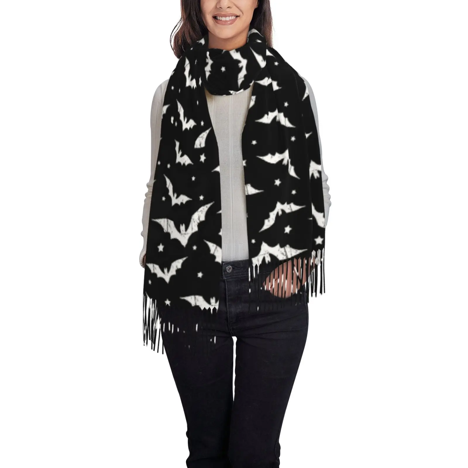 Women Bat & Cute Pig Print Shawl Scarf, Black Base Tassel Large Wrap, Soft Fashion Ladies Casual & Halloween Cape Scarves