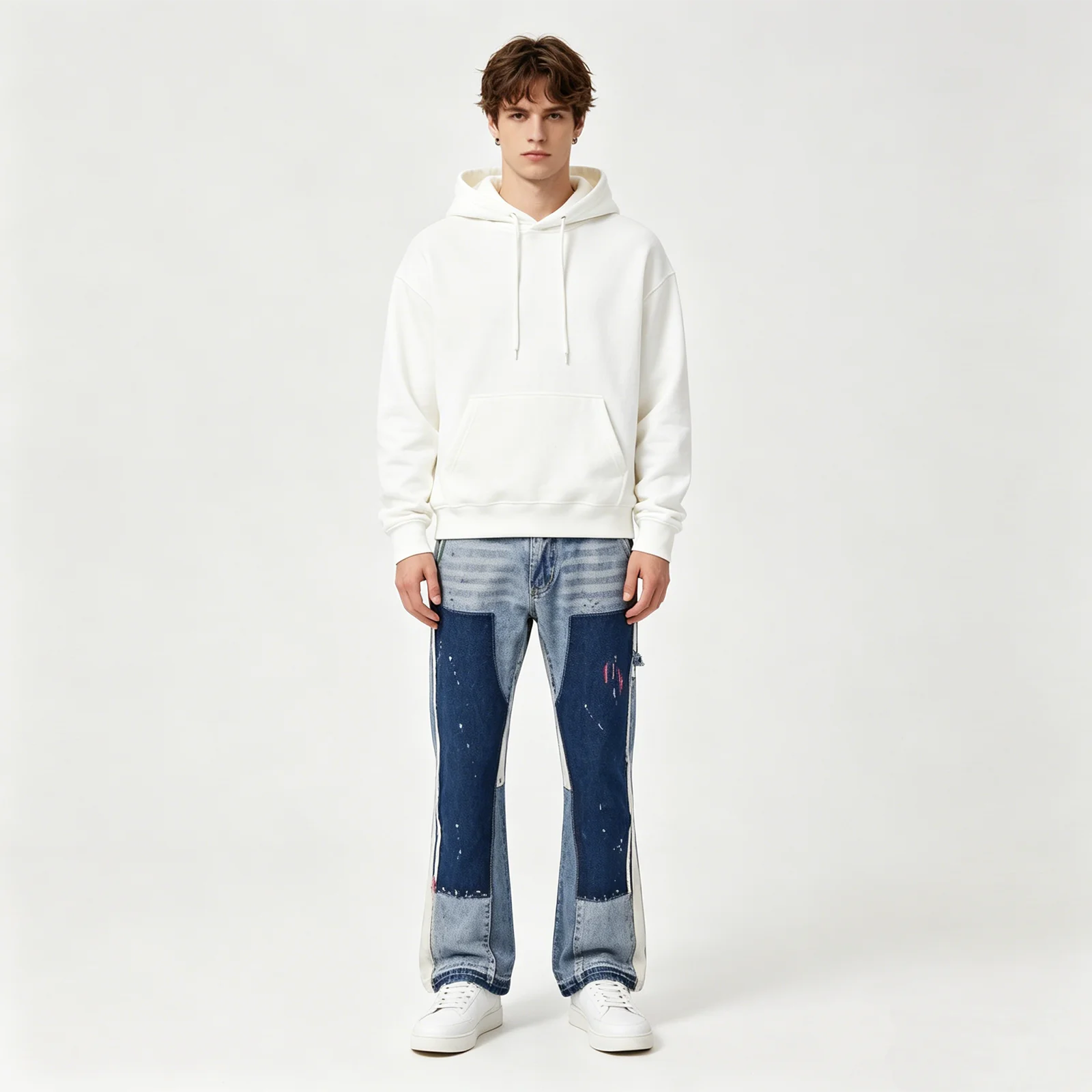 Vintage Flared Jeans for Men Y2k Streetwear Frayed Bell Bottom Baggy Hip Hop Graffiti Colorblock Slim Fit Jeans Pants Man Black