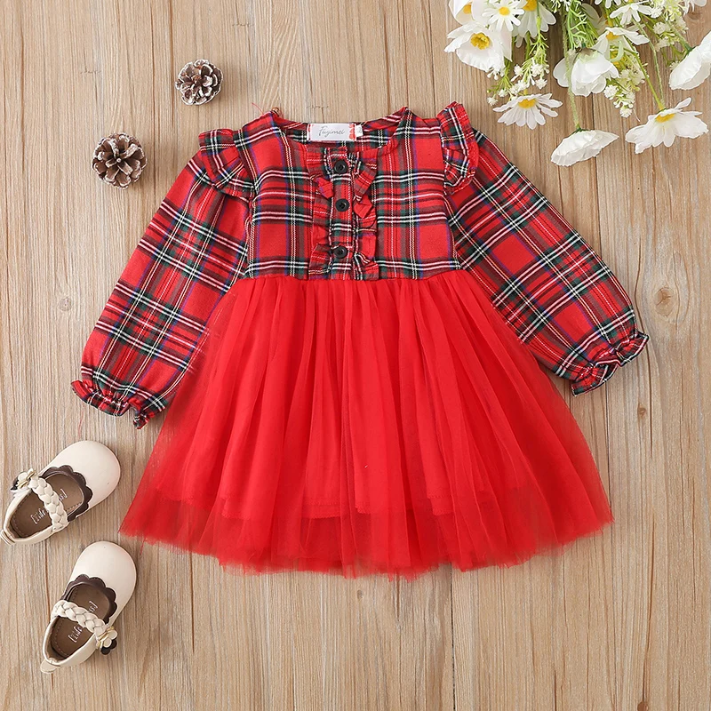 Girls Spring Autumn Long Sleeve O Neck Plaid Tulle Patchwork Dress with A-line Design for Toddlers