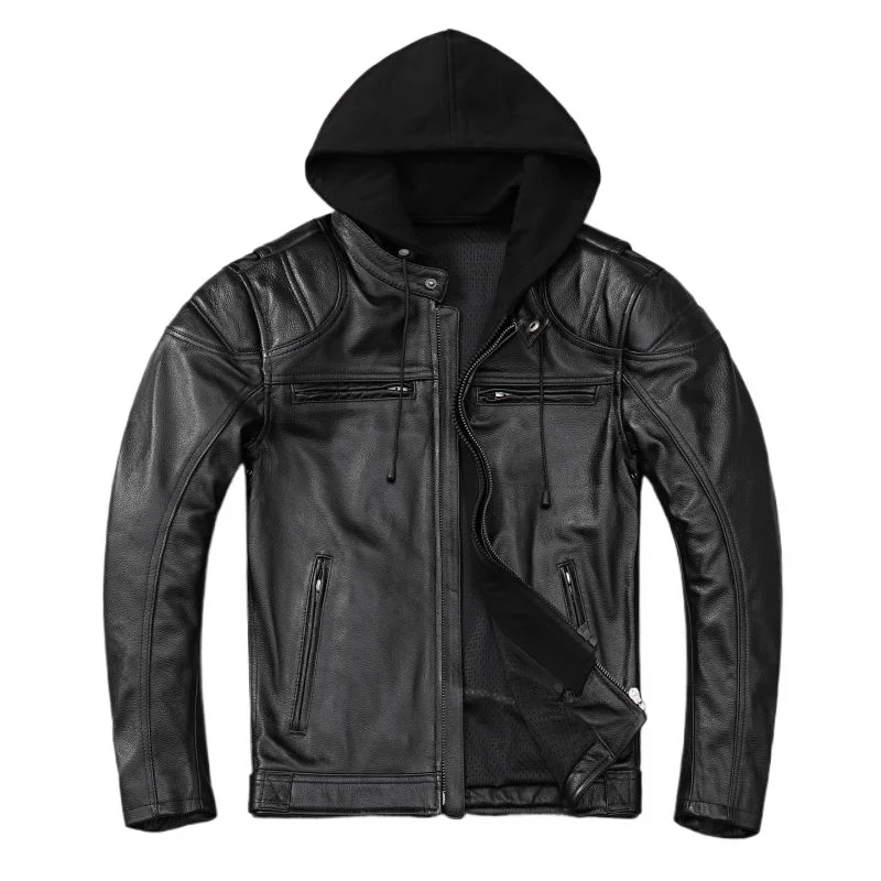 

Heavy Motorcycle Jacket Hood Genuine Cowhide Men Leather Jacket Riding Biker Coat Winter Motorbike Jackets Warm Jaquetas