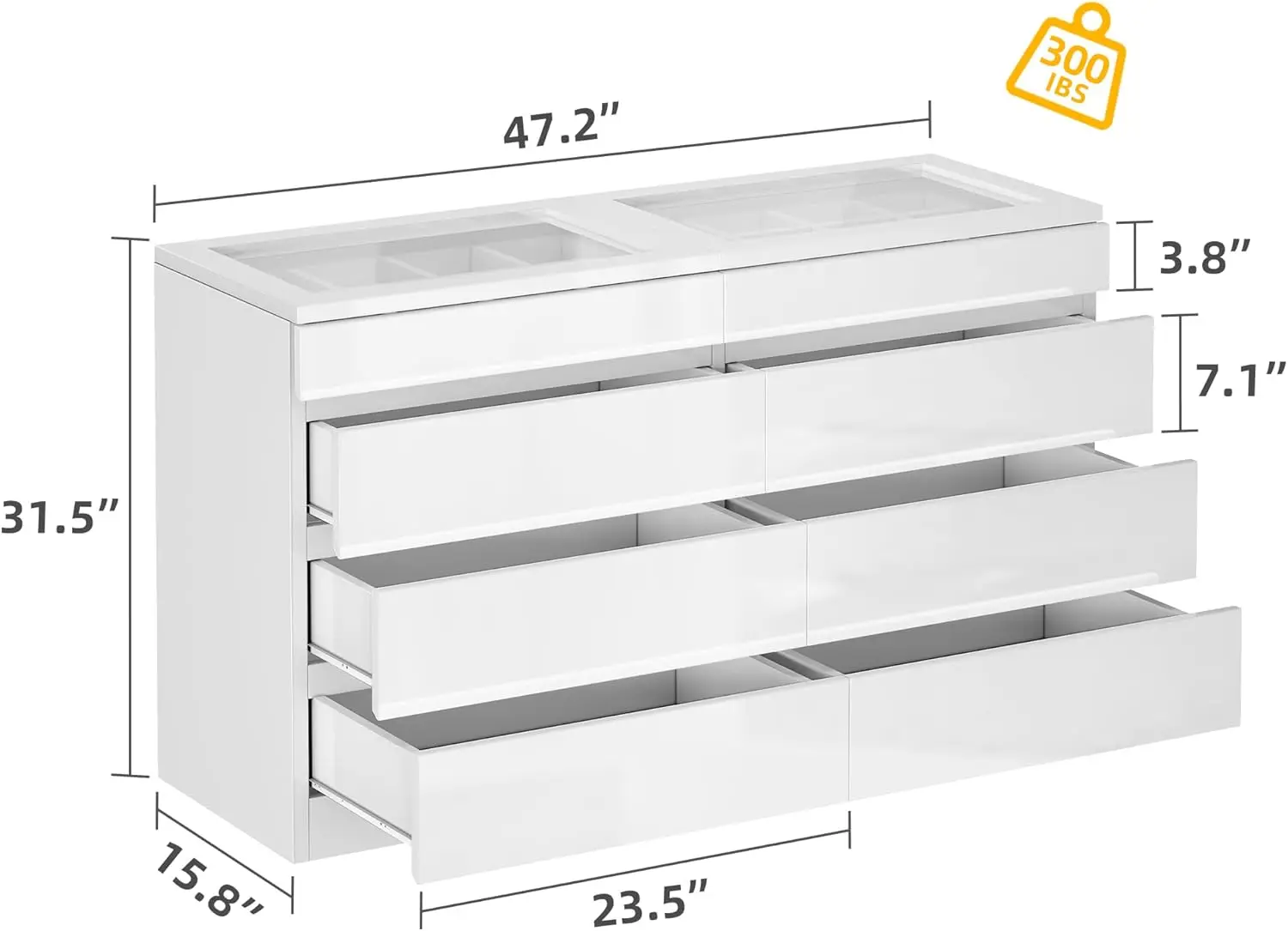 8 Drawer Dresser with LED, White Dresser, Modern 8 Chest of Drawers with Deep Drawers Glass Top High Gloss Surface, Storage