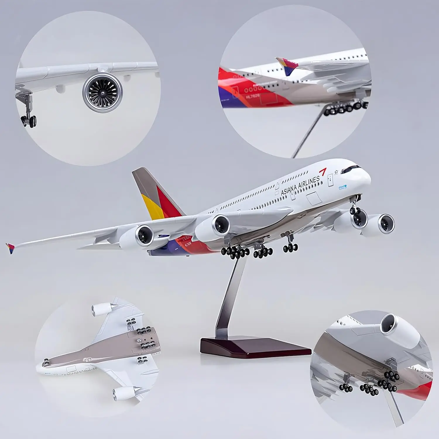 45cm for Asiana A380 Passenger Aircraft Resin Airplane Model 1:160 Scale with Landing Gear Wheels Light(Touch or Sound Control)