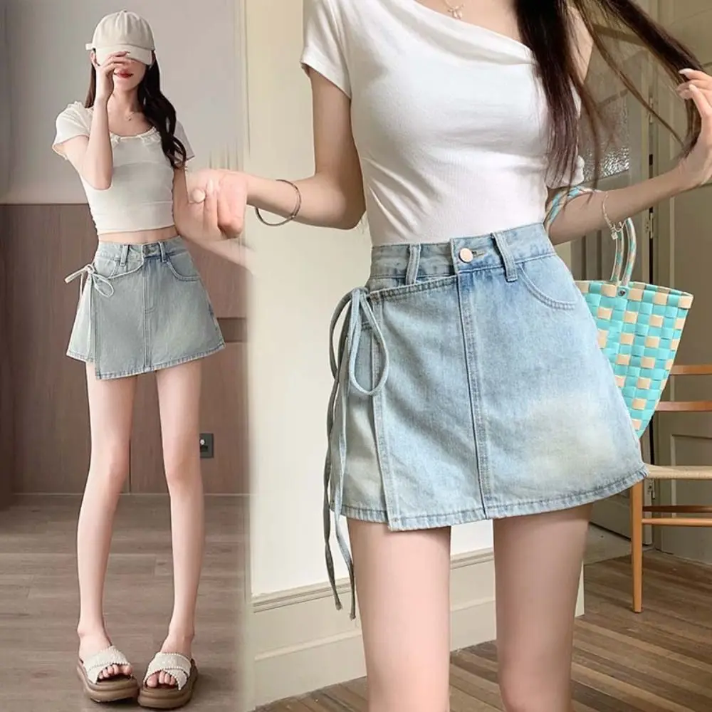 

Korean Ins Lace-up A-line Skirt Shorts High Waist Wide Leg Fake Two-piece Skirt Y2K Spicy Girl Style Baggy Blue Jeans Skirt Lady