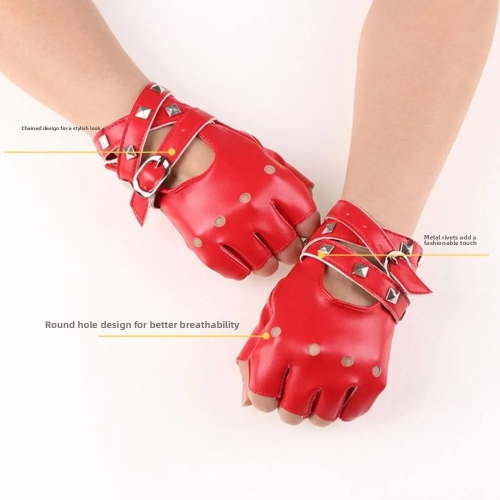 Fashion Accessories Punk Rivets Belt Wrist Gloves Anti-Slip Breathable Half Finger Gloves Trendy Gothic Driving Gloves Hip-Hop