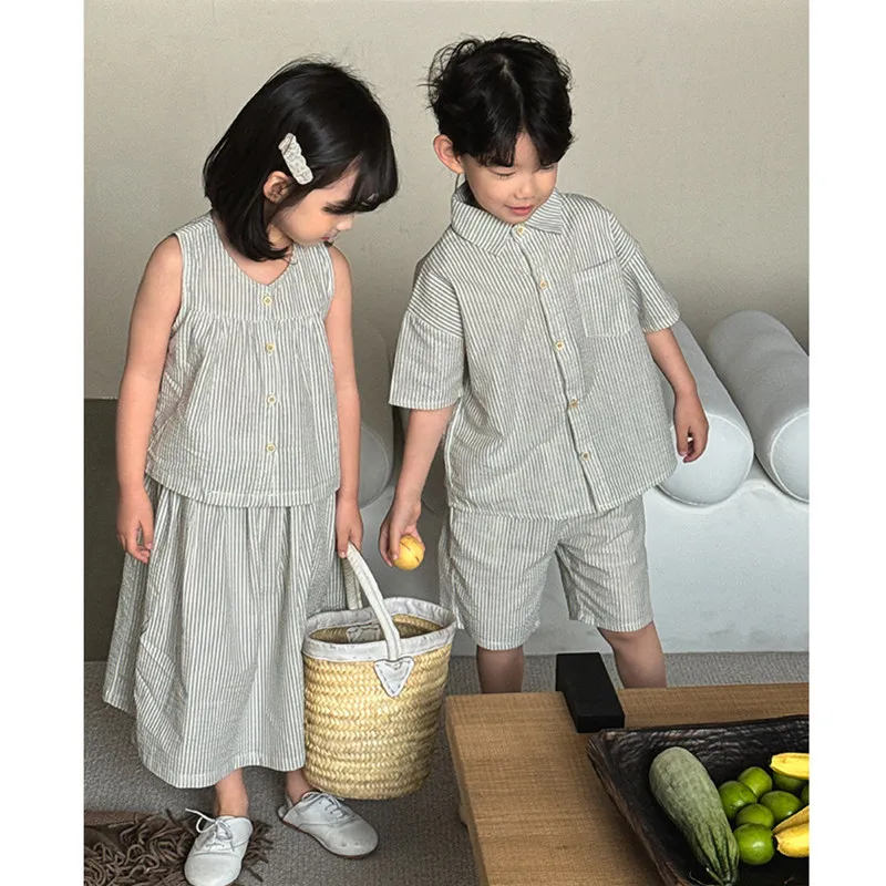 

Sister Brother Matching Two Piece Outfits 2024 Summer Korean Children Twins Clothes Boys Shirt Shorts Suit Girls Vest Skirt Sets