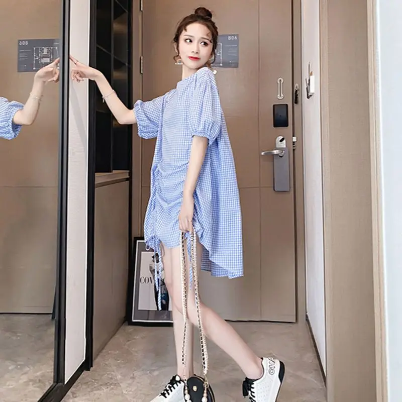 Vintage Striped Drawstring Blouse Summer New Short Sleeve Asymmetrical Lacing Loose Trend Shirt Tops Fashion Trend Women Clothes