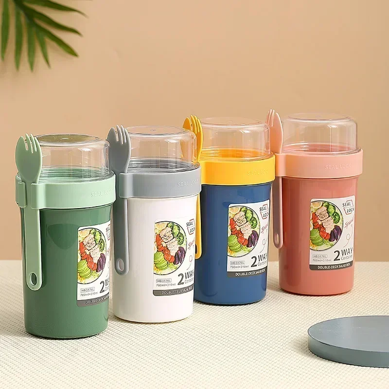 Bento Lunch Box Salad Oatmeal Breakfast Double Cup Cereal Nut Yogurt Container Set with Dressing Holder Fork Meal Preparation view 3