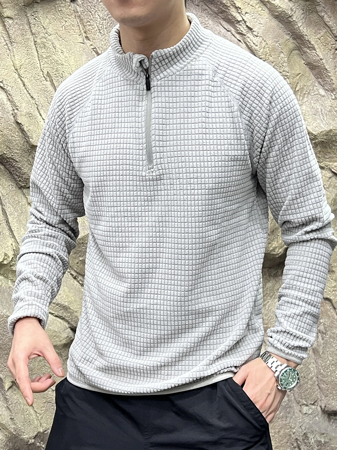 Outdoor Men's Long Sleeve Fleece-lined T-shirt Quick-drying Breathable Base Layer Block Velvet Autumn Heavyweight Push
