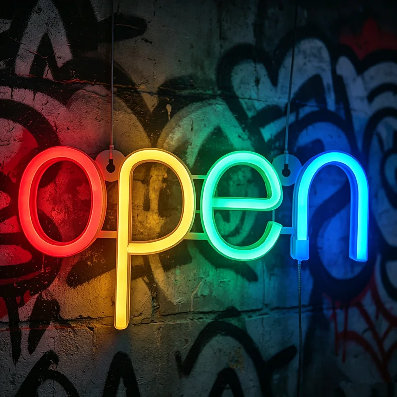 Colorful OPEN LED Neon Sign, USB Powered Neon Light Sign for Wall Decor, Light Up Open Sign for Business Shop Bar Coffee Store