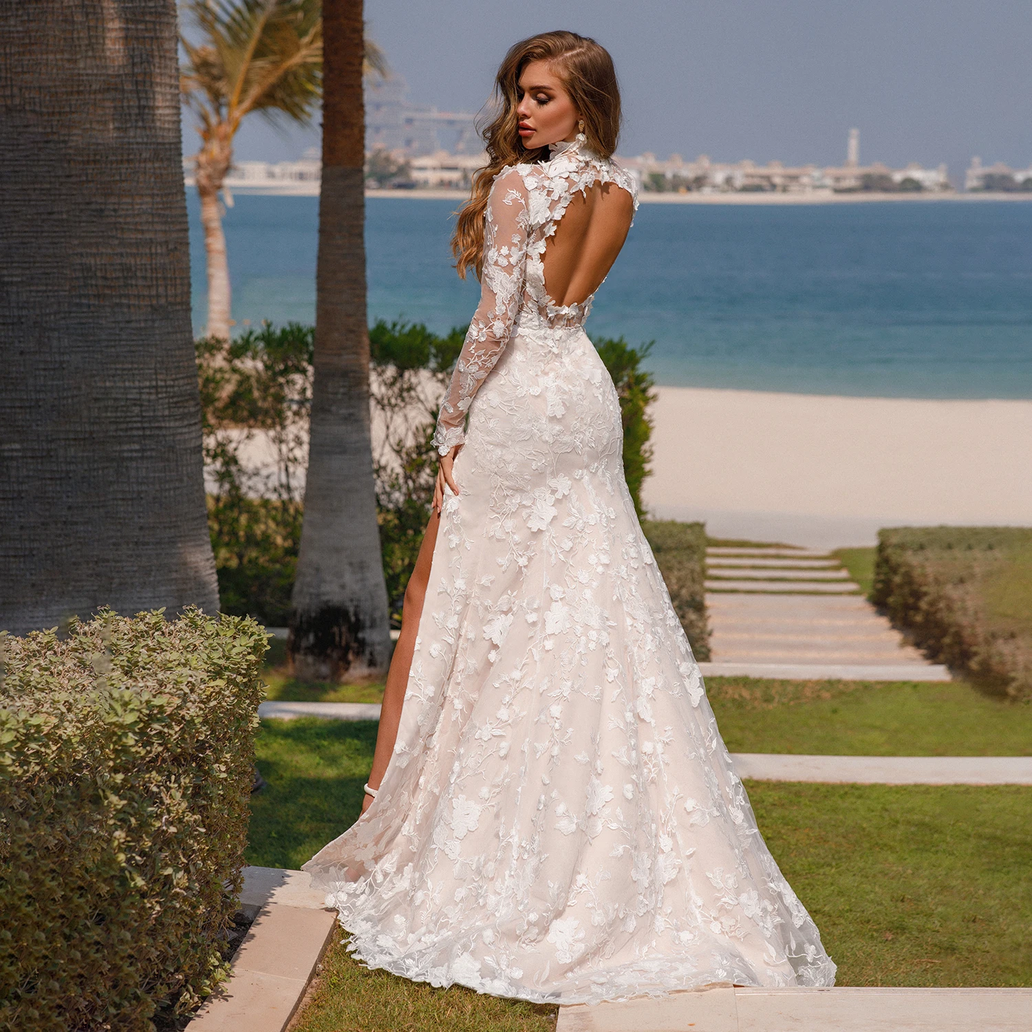 High Neck Embroidered Lace Mermaid Wedding Dress Long Sleeves High Slit Romantic Sheer Bodice Open Back 3D Flowers Bridal Gowns