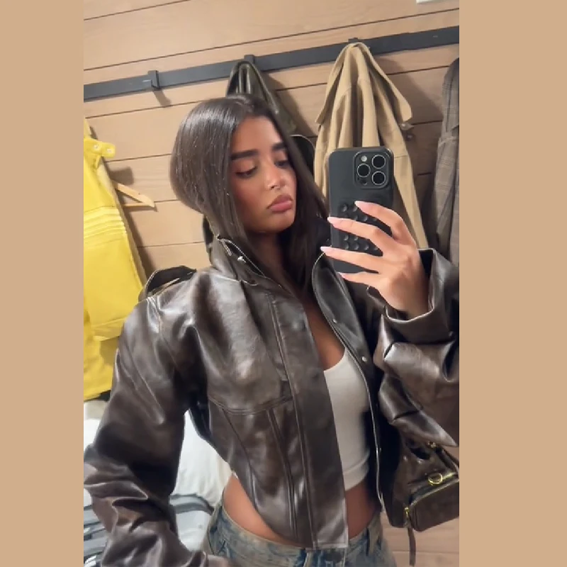 المرأة الخريف الشتاء مربوط الوقوف طوق سترة جلدية الشارع الرجعية سترة جلدية قصيرة سستة دراجة نارية ركاب الشارع الشهير