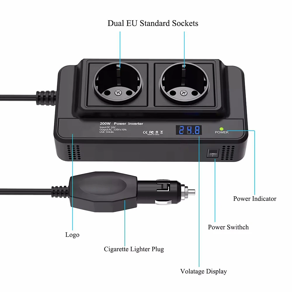 Acessórios de isqueiro do carro, 200W, DC para AC Auto Montado Inversor, Tomada UE, 12V a 220V, 400W, 4 USB, Peak Power