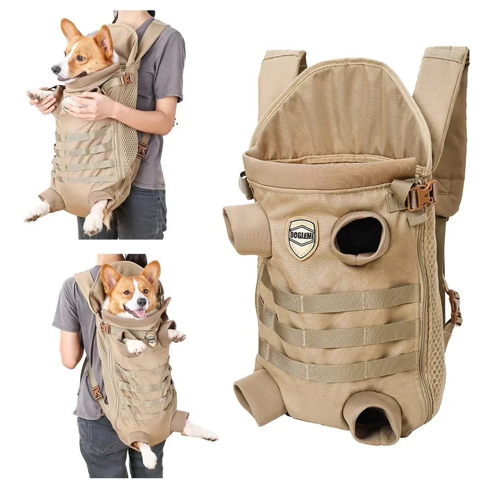 

Tactical Outdoor Pet Frontpack Soft Breathable Safety Travel Backpack Dog Carrier Military Tan Hands Free for Small Medium Dogs