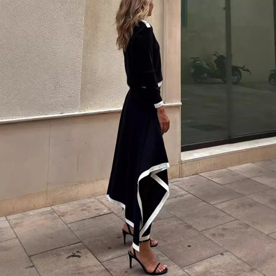 캐주얼 셔츠 맥시 스커트 투피스 세트, 여성 봄 가을 솔리드 패치워크 우아한 의상, 2025 오피스룩 긴팔 슈트