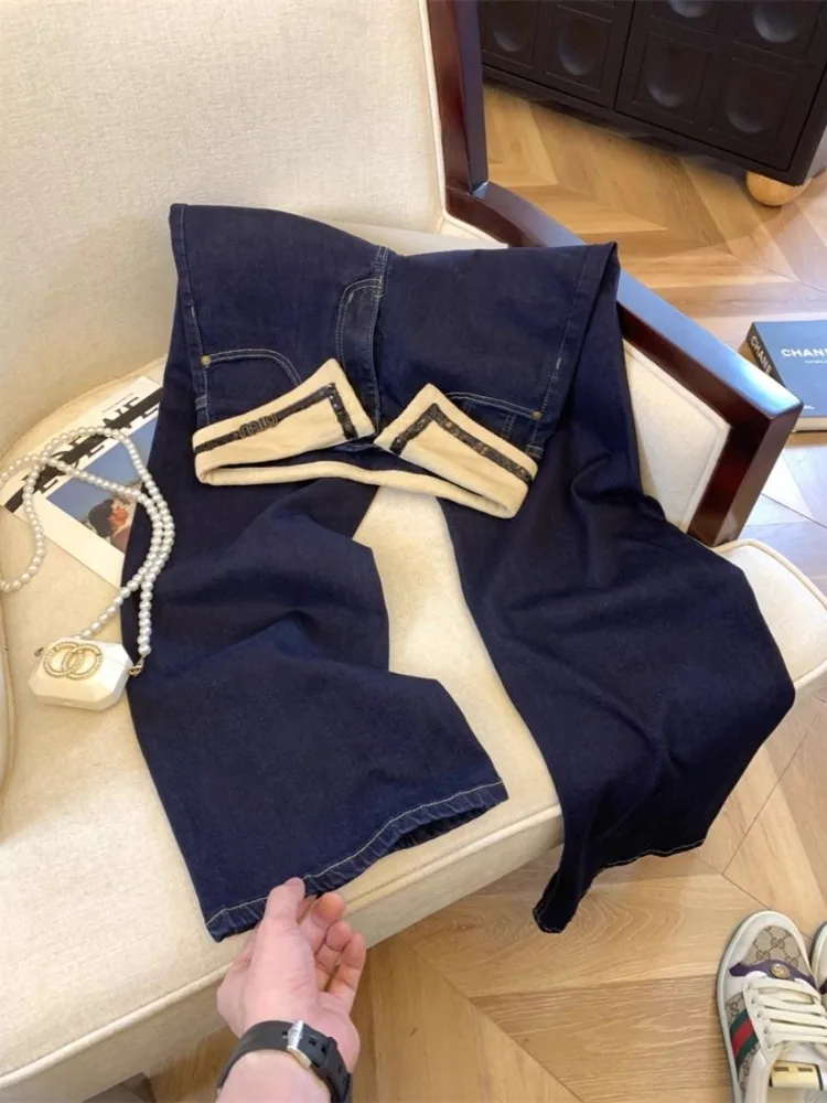

Американские ретро контрастные цвета с высокой талией, джинсы с фланцем, женские прямые свободные широкие брюки со шваброй, ранняя весна JJ863