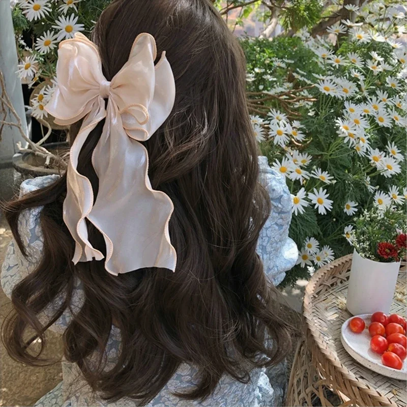Neue Damen-Haarspange im französischen Stil, süß, rosa-lila, aus Chiffon, mit Schleife und Band, für Freundin, Pferdeschwanz-Clip, Haaraccessoire, Geschenk – Detail 7
