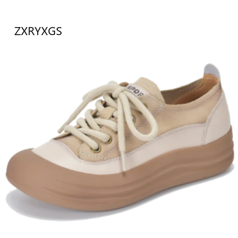 ZXRYXGS Top Cowhide Spell Colors Lace-up Women Sneakers 2026 Autumn Versatile Thick Bottom Comfortable Fashion Casual Sneakers