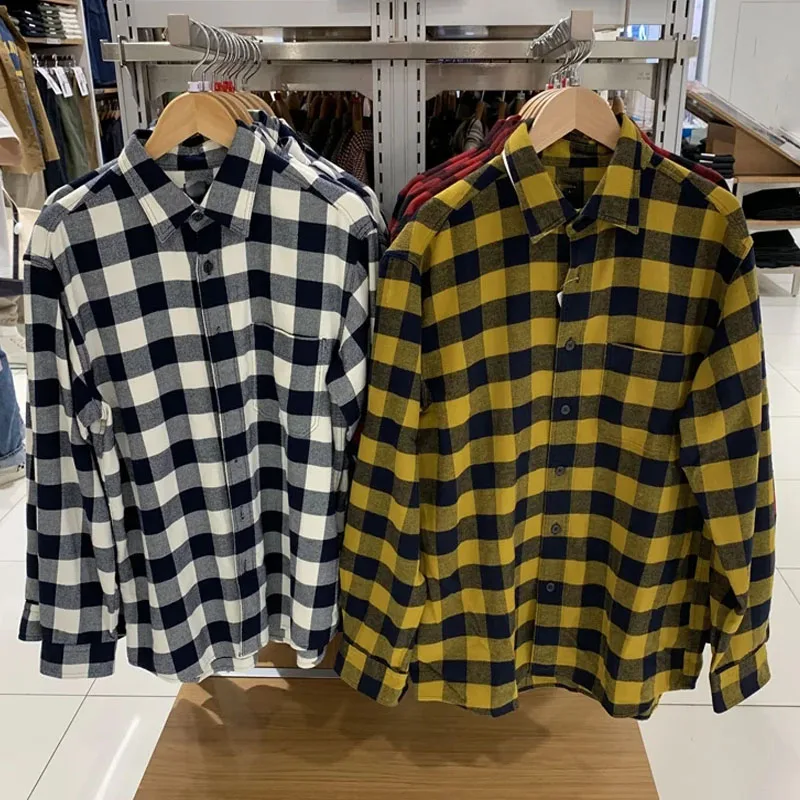 

Фланелевая рубашка в клетку свободного кроя, удлиненная, для мужчин и женщин, осенняя одежда, модель 2402, классический воротник, стандартный крой, тонкая.