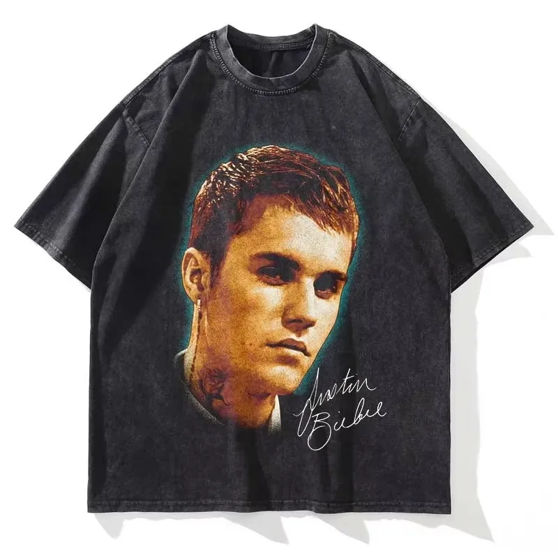 Camiseta gráfica Justin Bieber, ropa de calle de gran tamaño de verano para hombres y mujeres