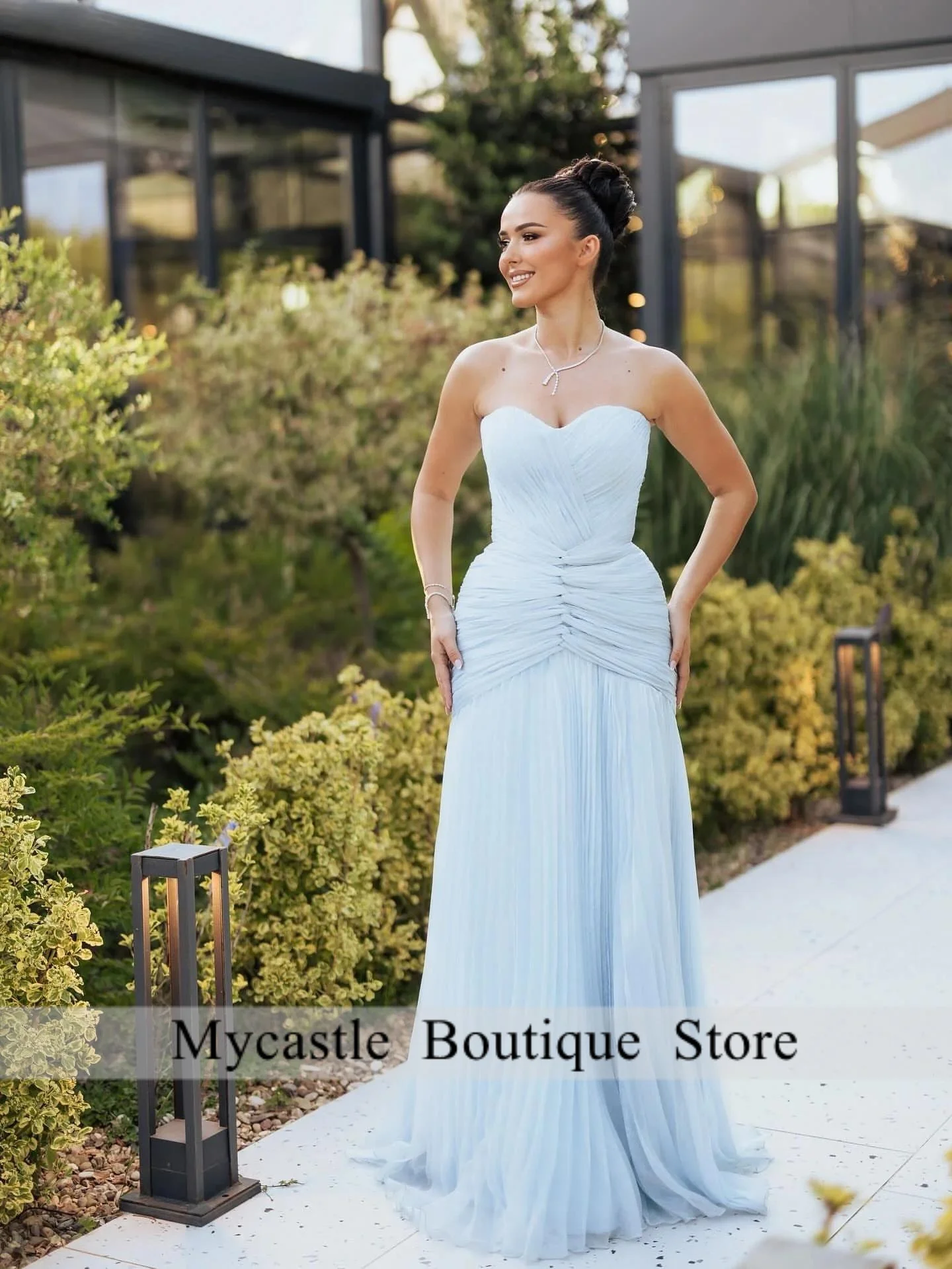 

Elegant Sky Blue Simple Evening Dress For Women Mermaid 2025 Strapless Backless Formal Prom Wedding Party Gown Customized