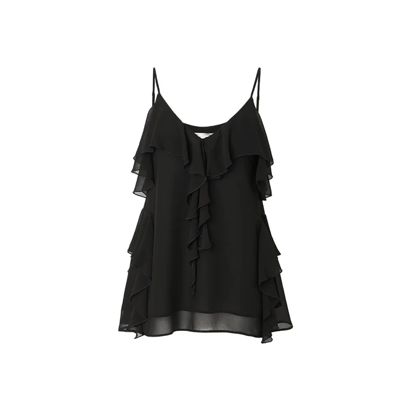 

Sexy Camis for Women Holiday Irregular V-neck Black Sleeveless Ruffle Edge Camisole Hot Girls Solid Casual Vests Female Tops