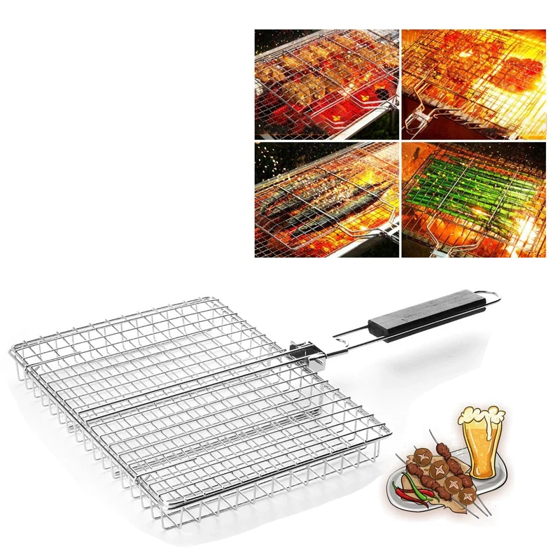 Pieghevole in acciaio inossidabile 304 per barbecue, rete antiaderente, cestino per grigliare, carne, bistecche di verdure, picnic, strumento per barbecue