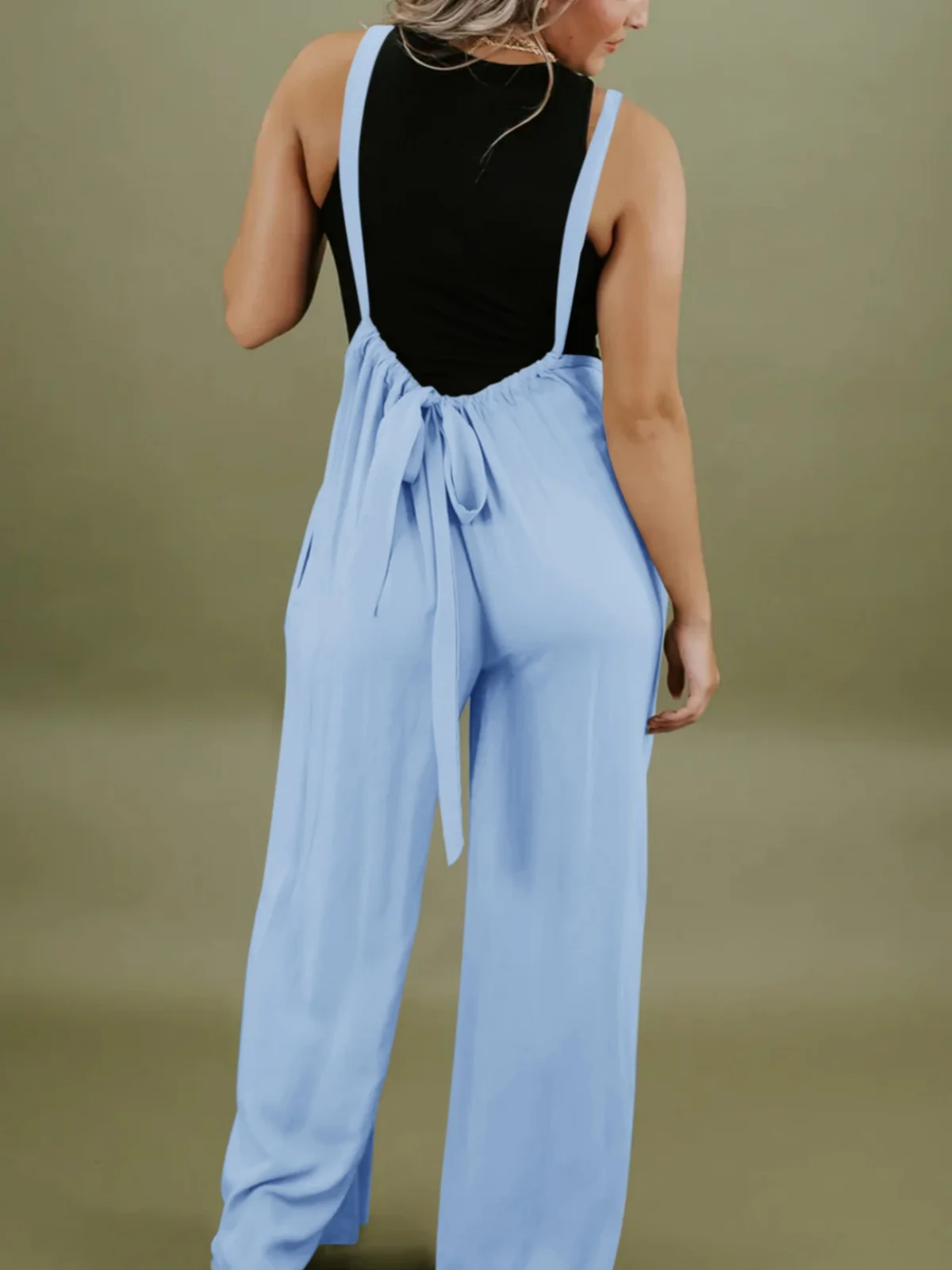 Sleeveless Loose Solid Spaghetti Strap Jumpsuit Women Casual Long Wide Leg Pants Backless Lace-Up Streetwear One Piece Playsuits