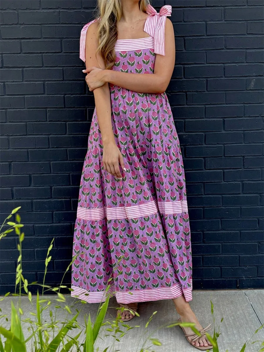 Abito casual senza maniche alla moda estiva Abito lungo da donna Abito con spalline allacciate a righe con stampa floreale