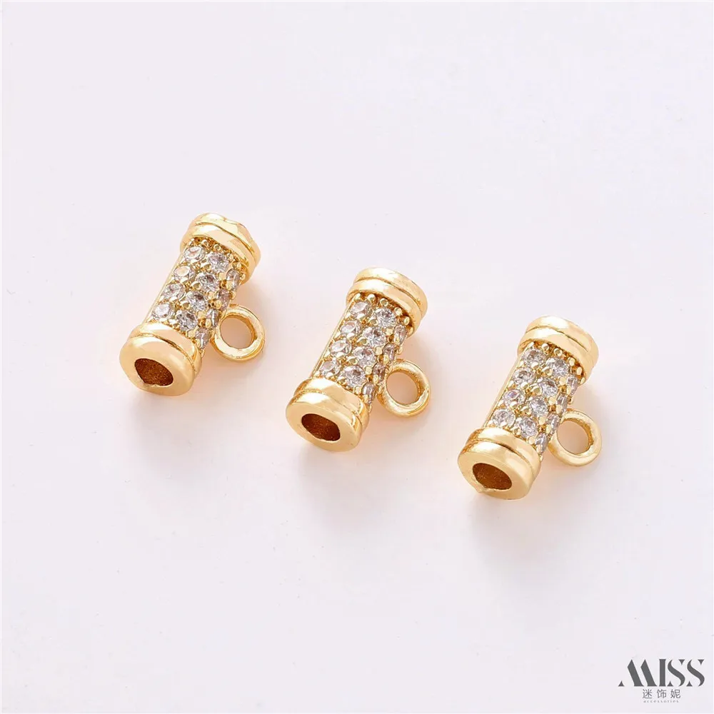 14K Gold-plated Studded Straight Tube with Hanging Ring Large Hole Three-way Bead Pendant DIY Bracelet Necklace Accessories