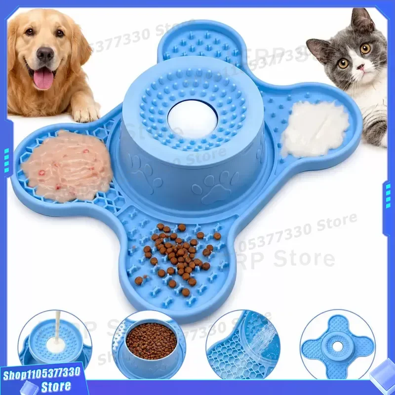 Silicone Pet Licking Mat 3 in 1 Slow Feeder Bowl for Dogs and Cats Anti Choking Non Slip Food Pad with Rolling Sphere Design