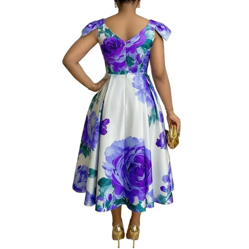 Female Floral Print Satin Evening Dresses 2026 Spring O Neck Lantern Sleeve Women's Dress Casual High Waist A-Line Pleated Dress