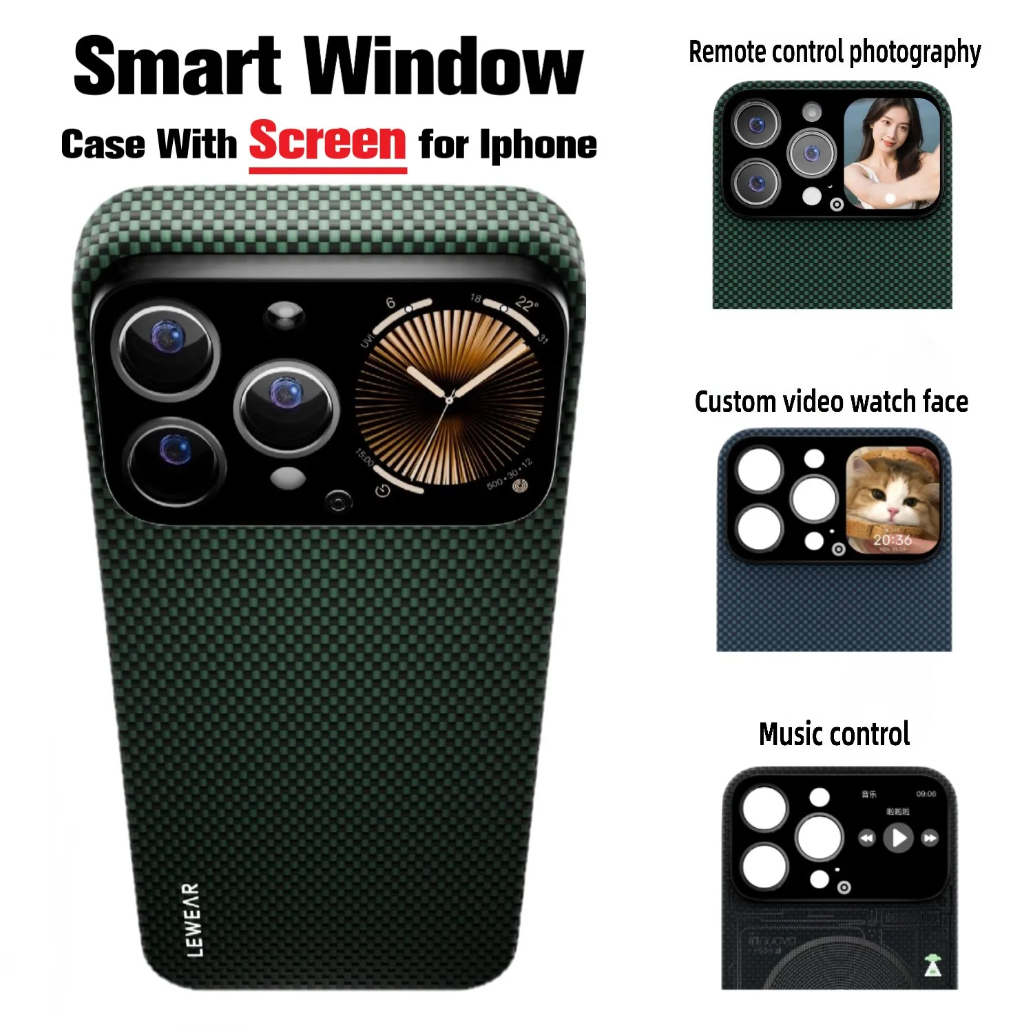 

Kevlar Case With Screen For Iphone 16 Pro Max Message Notification Built-in Smart Window Back Cover For Apple 16pro Max