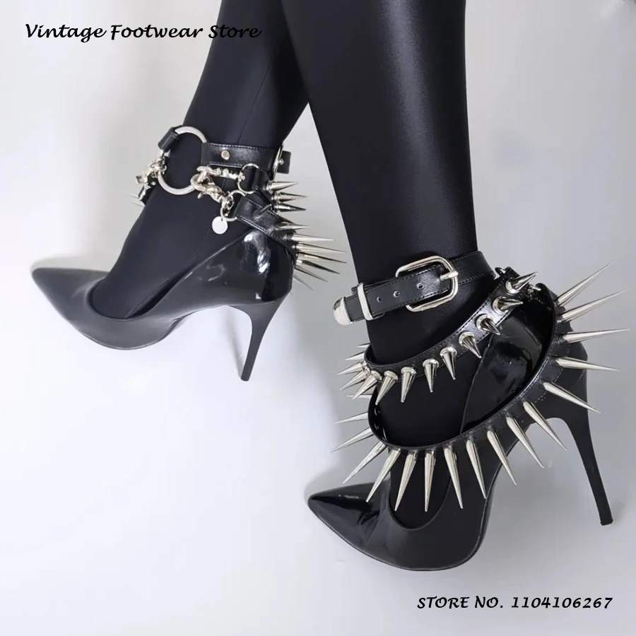 Schwarze Spike-Schnallen-Pumps Punk Spitze Stilettos Partyschuhe Damen Frühling Sommer Streetstyle Mode High Heels