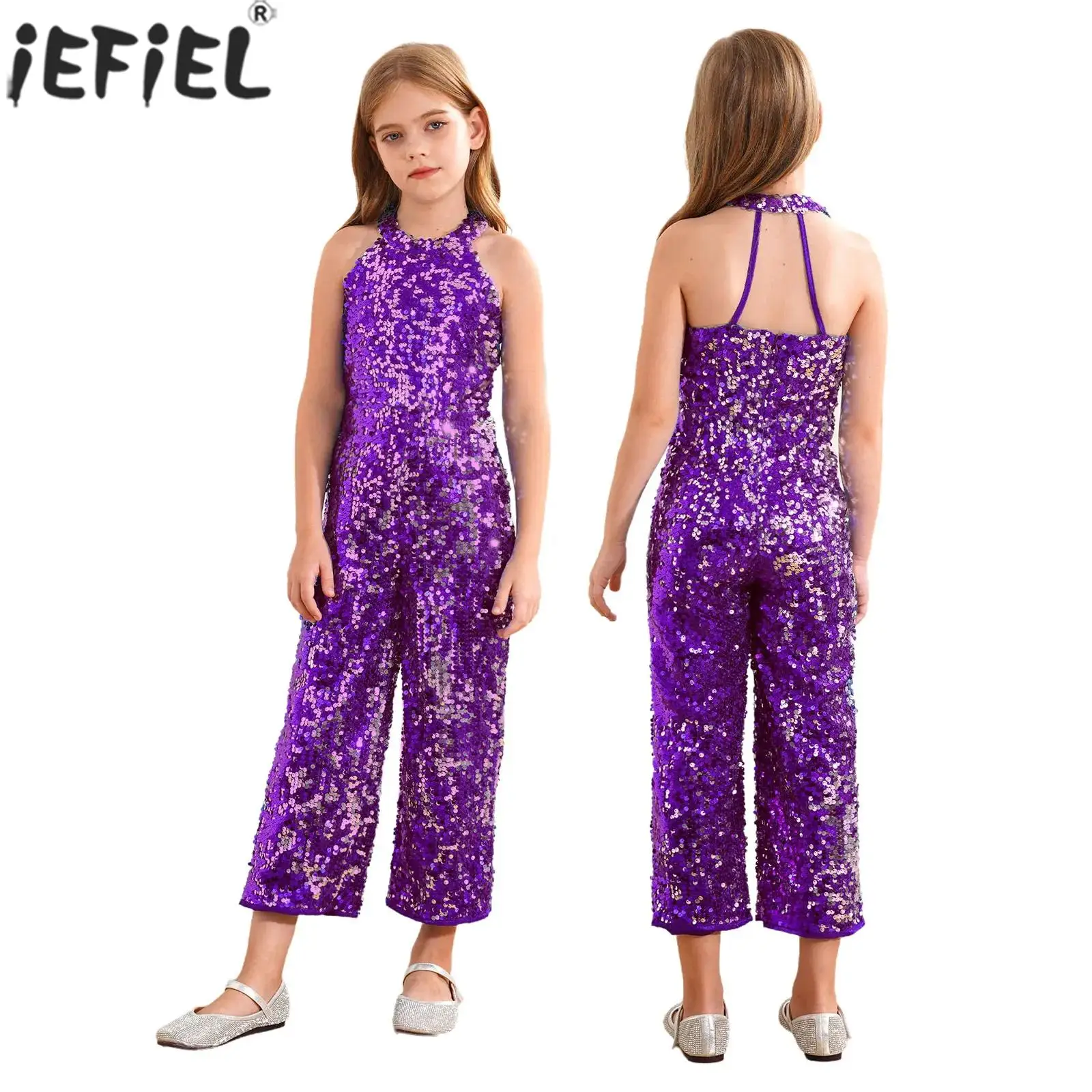 

Girls Sleeveless Sequin Jumpsuit Birthday Wedding Party Evening Bodysuit Ballet Dance Gymnastics Skating Performance Costume