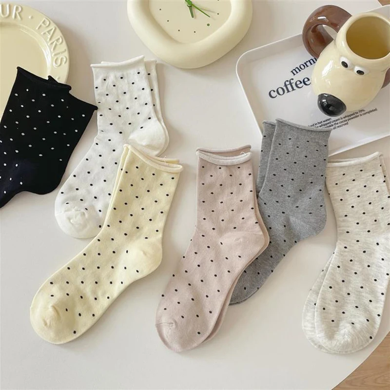 5/10 Pairs Women Rolled Edge Polka Dot Mid Tube Socks Spring Summer Sweat Absorbing Breathable Sweet Simple Style Casual Socks image 2