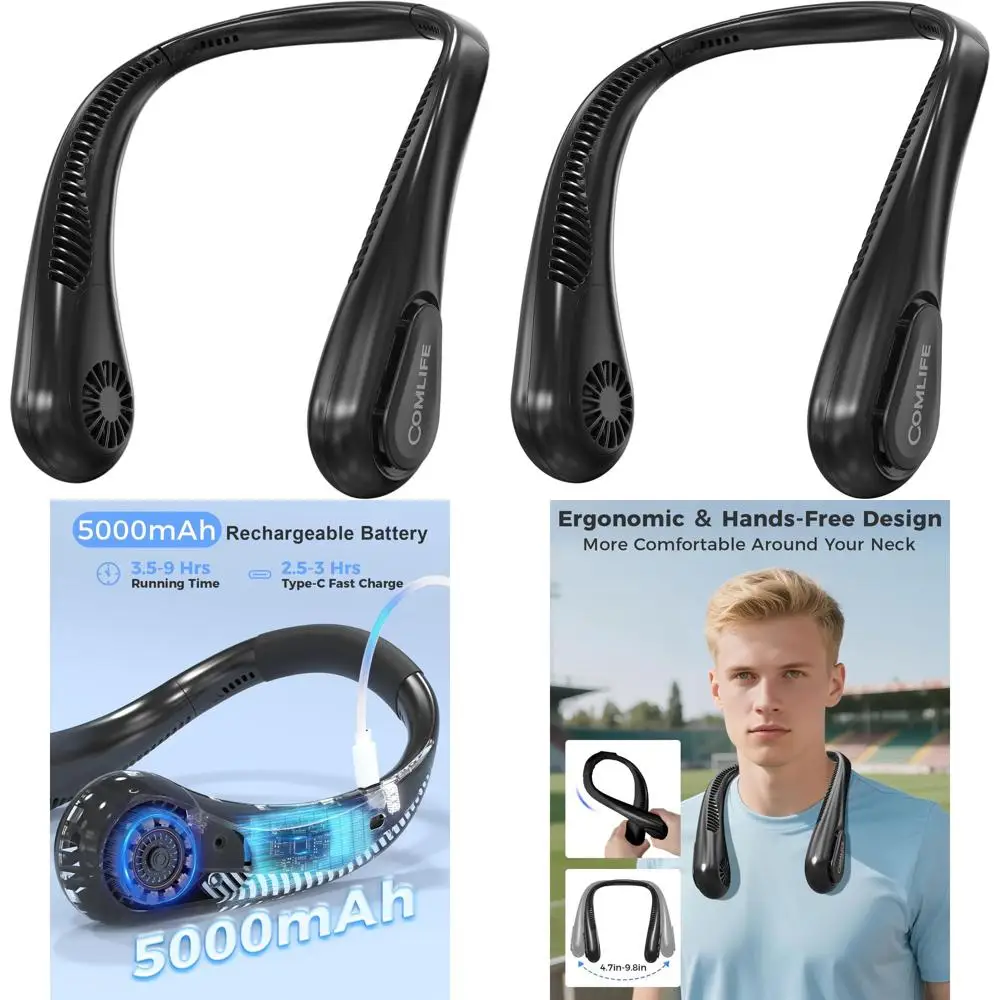 

Портативный вентилятор для шеи, аккумулятор 5000 мАч, 3 регулируемых скорости, сертифицирован UL, черный