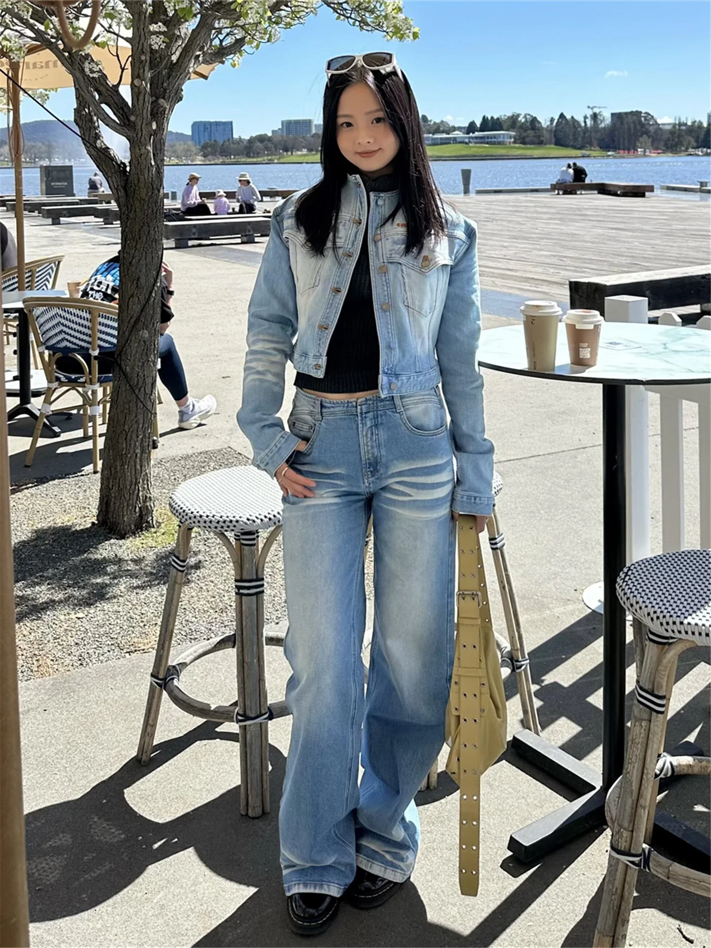 

American Retro Flared Jeans Women's Loose Drapey Floor-Length Pants Spring Cotton Casual Washed Natural Waist Jeans