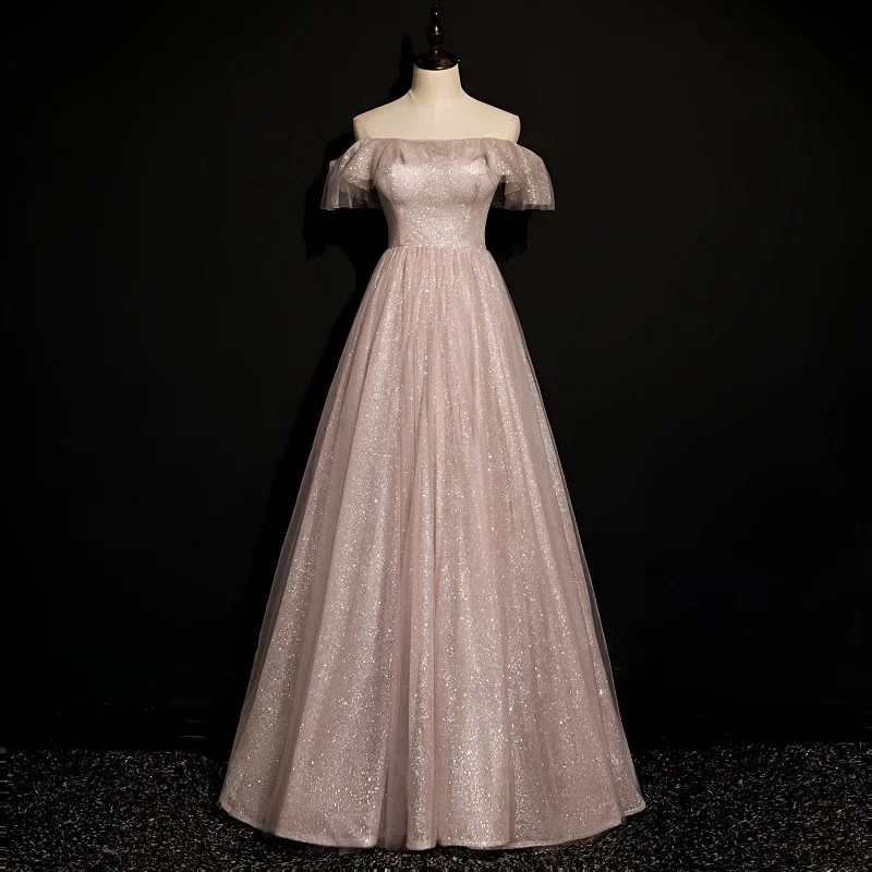 

Customized Evening Dress Dark Pink Bling Ruffles Off the Shoulder Floor-Length A-Line Plus size Woman Party Formal Gowns B1255
