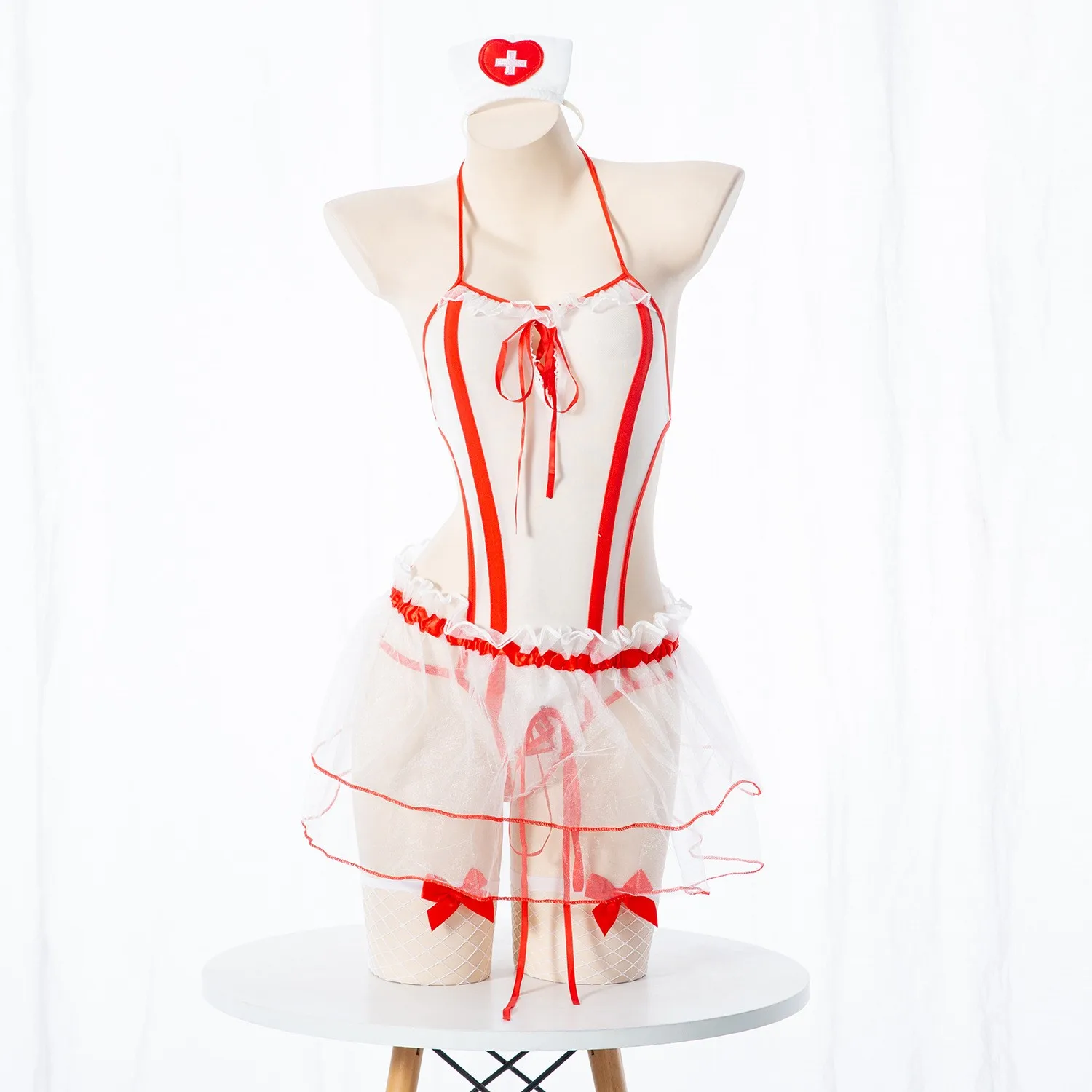 

Women Lingerie Cut Out Lace Up Front Bow Nurs Sexy Nurse Cosplay Costume Hollow Out Mesh Mini Dress Clothing