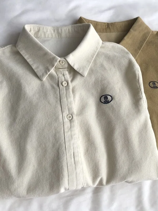 

Korean Style Long Sleeve Embroidered Corduroy Shirt Women's Collar Versatile Layering Top Shoulder Width Regular Length