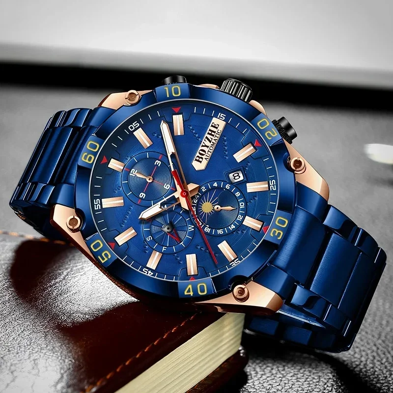 BOYZHE Moon Phase Men Automatic Mechanical Sport Watch Multifunction Calendar Week Display Watch for Men Clock relogio masculino