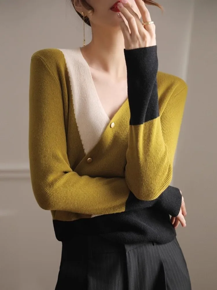 Retro V-Neck Knitted Women's Autumn/Winter New Collection Irregular Splicing Color Contrasting Versatile Sweater